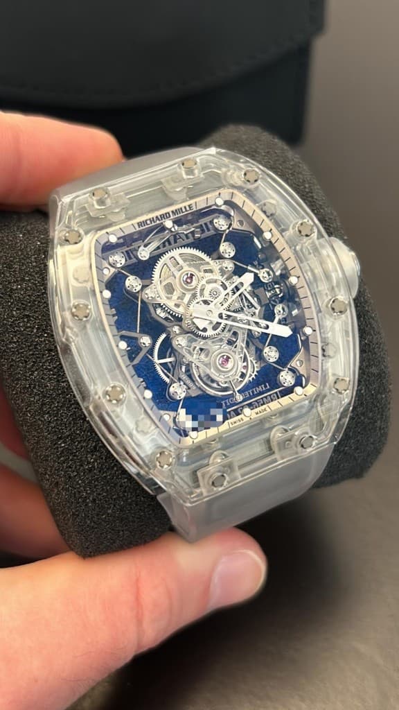 Richard Mille sapphire tourbillon with blue textured movement and frosted strap — Exclusive Masterpiece Dubai